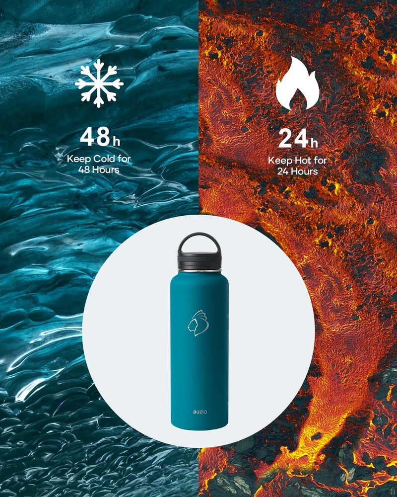 BUZIO BUZIO 40 oz Water Bottle Insulated with Straw & 3 lid and Carrying Pouch  Leak Proof Anti-Slip Stainless Steel Water Flask Jug  Cold for 48 Hrs Double Vacuum Thermo Canteen  BPA-Free  Blue  - Image 2