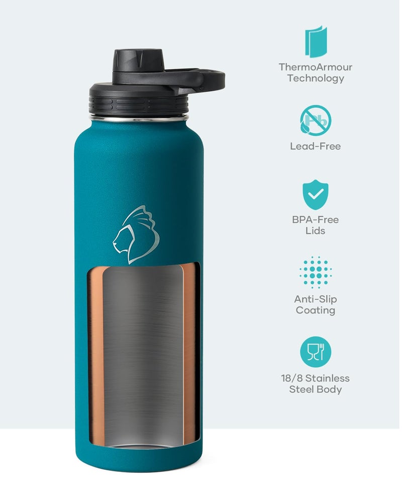 BUZIO BUZIO 40 oz Water Bottle Insulated with Straw & 3 lid and Carrying Pouch  Leak Proof Anti-Slip Stainless Steel Water Flask Jug  Cold for 48 Hrs Double Vacuum Thermo Canteen  BPA-Free  Blue  - Image 4