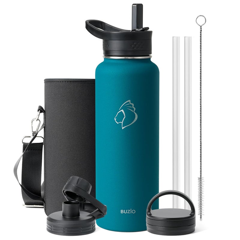 BUZIO BUZIO 40 oz Water Bottle Insulated with Straw & 3 lid and Carrying Pouch  Leak Proof Anti-Slip Stainless Steel Water Flask Jug  Cold for 48 Hrs Double Vacuum Thermo Canteen  BPA-Free  Blue  - Image 1
