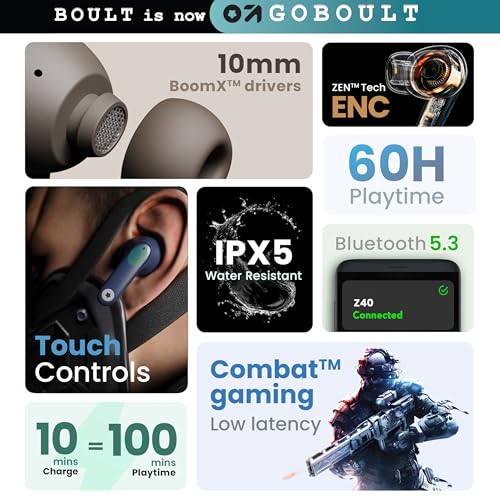 GOBOULT Z40 True Wireless in Ear Earbuds with 60H Playtime, Zen™ ENC Mic, Low Latency Gaming, Type-C Fast Charging, Made in India, 10mm Rich Bass Drivers, IPX5, Ear Buds TWS (Black) - Image 3
