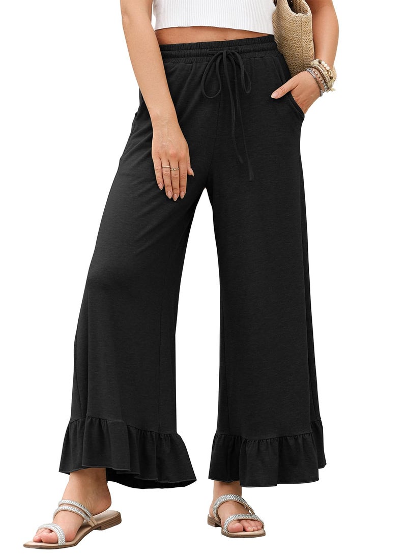 EVALESS Women's Wide Leg Pants Black Elastic High Waisted Ruffle Hem Palazzo Pants Comfy Lightweight Work Casual Trousers with Pockets Beach Vacation Clothes Large - Image 1