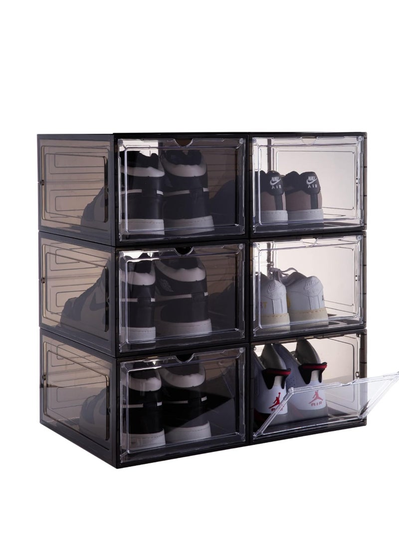 Shoe Storage Boxes, 6 Pack Large Drop Front Shoe Boxes with Magnetic Door, Clear Plastic Stackable Shoe Containers (Black) - Image 1