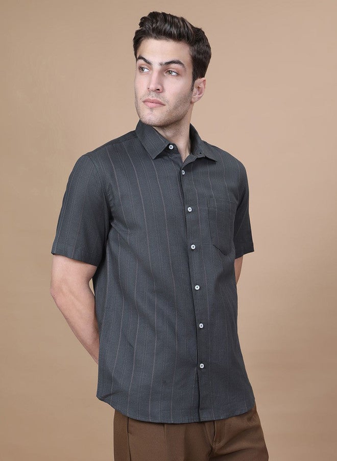 Hence Men Vertical Striped Spread Collar Cotton Casual Shirt - Image 3