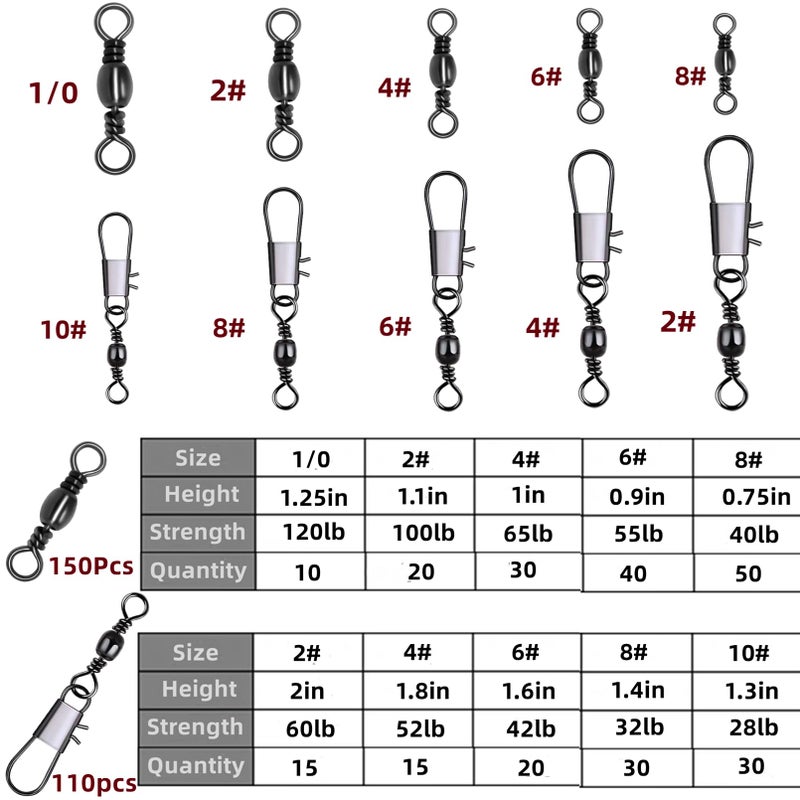 DAMIDEL 260Pcs/Box with Stainless Steel Fishing Barrel Swivels 150Pcs /Barrel Swivels with Snaps 110Pcs Mix,High Strength Connector for Quick Change Fishing Lure or Line Tackle Saltwater Freshwater - Image 3