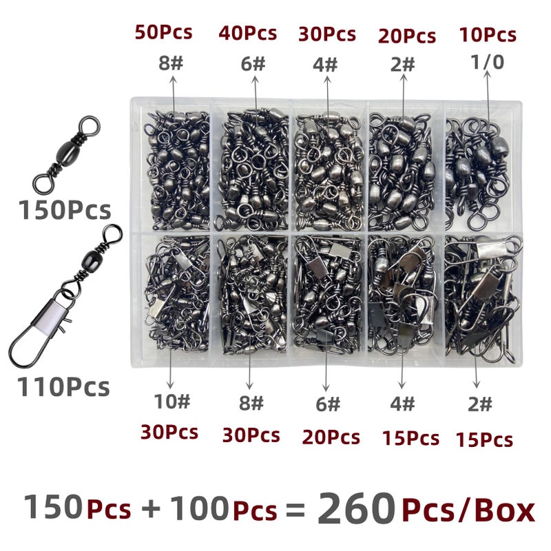 DAMIDEL 260Pcs/Box with Stainless Steel Fishing Barrel Swivels 150Pcs /Barrel Swivels with Snaps 110Pcs Mix,High Strength Connector for Quick Change Fishing Lure or Line Tackle Saltwater Freshwater - Image 2