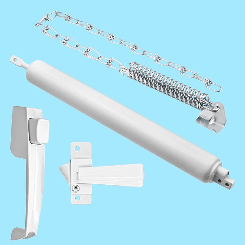 ConsitDone Pneumatic Door Closer Kit for Screen and Storm Doors, Includes Push Button Latch and Protector Chain Spring (White All-in-One, 1 Set) - Image 1