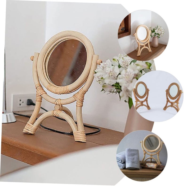 Rattan Round Makeup Mirror Multifunctional Tabletop for Bedroom Decor High Definition Lightweight - Image 4
