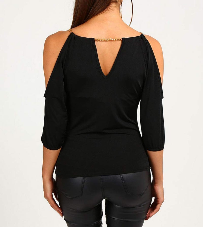 Lesimsam USGreatgorgeous Womenâ€™s Open Cold Shoulder Slim Fit Short Sleeve Tee Shirt Casual Blouse Tops (Black,Large) - Image 5