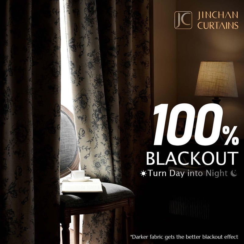 jinchan Blackout Floral Curtains for Living Room Bedroom Linen Blend Curtain Farmhouse Grey Printed with Lined Back Tab Rod Pocket Drapes Window Treatments 2 Panels 84 Inch Gray - Image 2