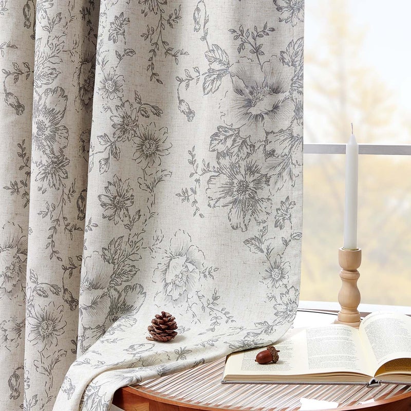 jinchan Blackout Floral Curtains for Living Room Bedroom Linen Blend Curtain Farmhouse Grey Printed with Lined Back Tab Rod Pocket Drapes Window Treatments 2 Panels 84 Inch Gray - Image 3