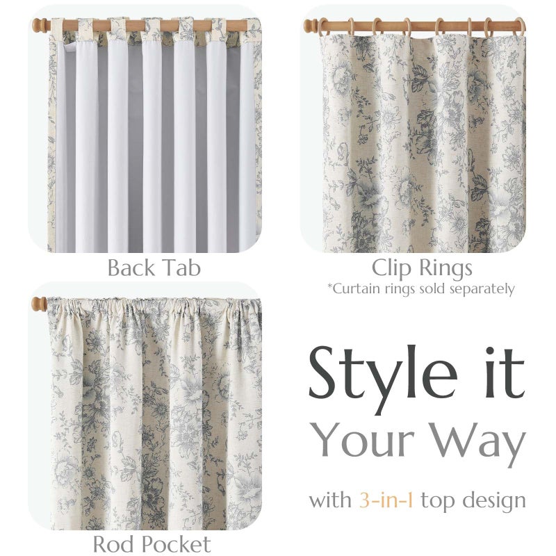 jinchan Blackout Floral Curtains for Living Room Bedroom Linen Blend Curtain Farmhouse Grey Printed with Lined Back Tab Rod Pocket Drapes Window Treatments 2 Panels 84 Inch Gray - Image 4