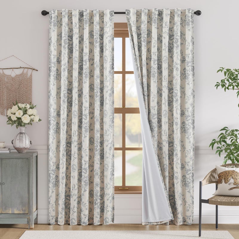 jinchan Blackout Floral Curtains for Living Room Bedroom Linen Blend Curtain Farmhouse Grey Printed with Lined Back Tab Rod Pocket Drapes Window Treatments 2 Panels 84 Inch Gray - Image 1