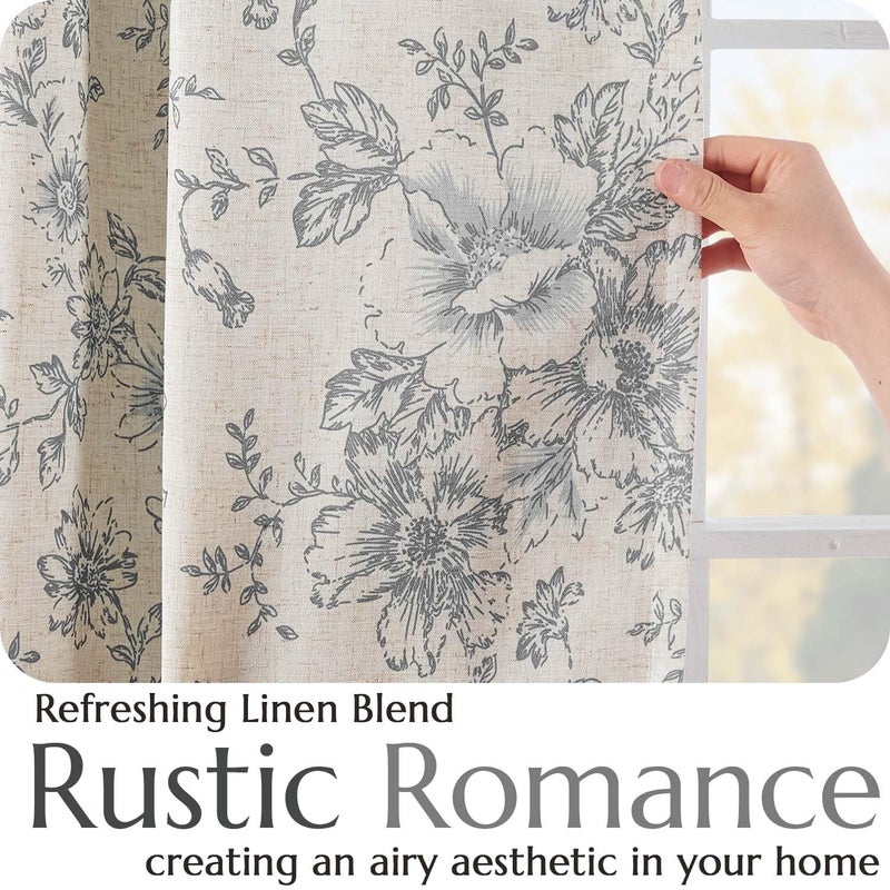 jinchan Blackout Floral Curtains for Living Room Bedroom Linen Blend Curtain Farmhouse Grey Printed with Lined Back Tab Rod Pocket Drapes Window Treatments 2 Panels 84 Inch Gray - Image 5