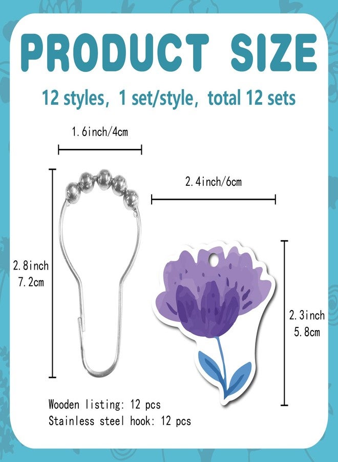 مجموعة من 12 قطعة من خطافات وحلقات ستارة الحمام من كريت كابين، بتصميمات متنوعة تشمل الفراشات والزهور، مصنوعة من المعدن، مع سلسلة من الفولاذ المقاوم للصدأ، لتزيين الحمام. - Image 2