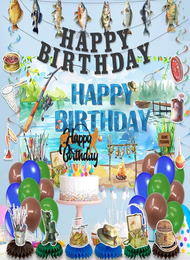 Roetyce Gone Fishing Birthday Decorations, 34PCS Fishing Theme Happy Birthday Banner Balloons Hanging Swirls Centerpieces Cake Topper Kit, Gone Fishin Bday Backdrop for Kids Adult - Image 3