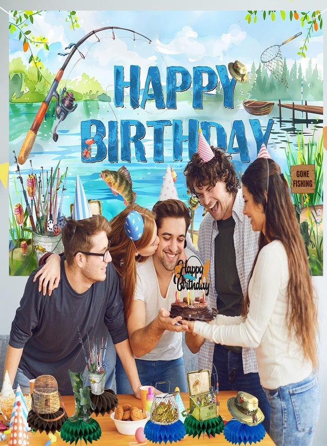 Roetyce Gone Fishing Birthday Decorations, 34PCS Fishing Theme Happy Birthday Banner Balloons Hanging Swirls Centerpieces Cake Topper Kit, Gone Fishin Bday Backdrop for Kids Adult - Image 5