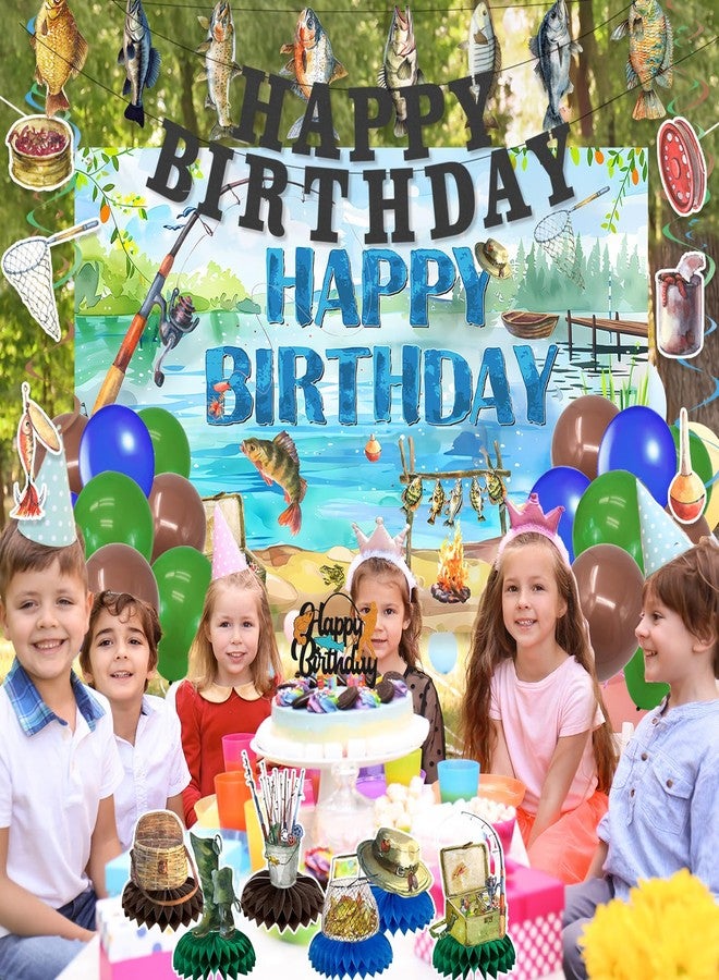 Roetyce Gone Fishing Birthday Decorations, 34PCS Fishing Theme Happy Birthday Banner Balloons Hanging Swirls Centerpieces Cake Topper Kit, Gone Fishin Bday Backdrop for Kids Adult - Image 4