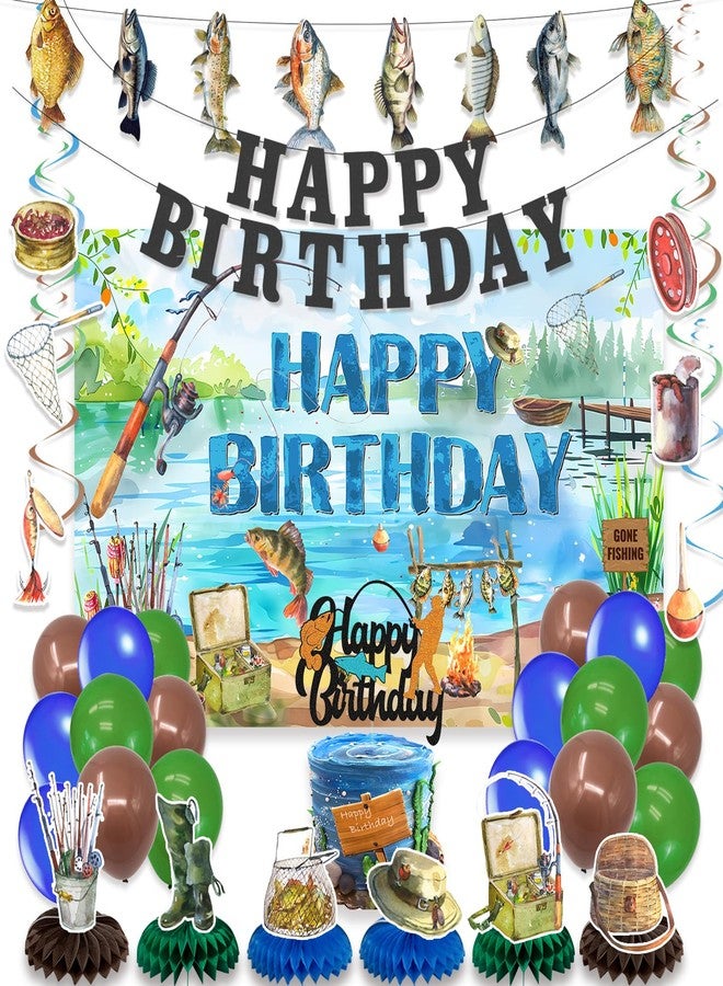 Roetyce Gone Fishing Birthday Decorations, 34PCS Fishing Theme Happy Birthday Banner Balloons Hanging Swirls Centerpieces Cake Topper Kit, Gone Fishin Bday Backdrop for Kids Adult - Image 1