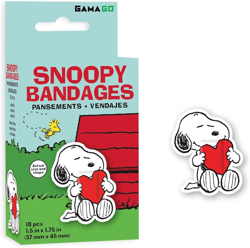 GAMAGO Peanuts Snoopy Adhesive Bandages - Set of 18 Individually Wrapped Self Adhesive Bandages - Sterile, Latex-Free & Easily Removable - Funny Gift & First Aid Addition