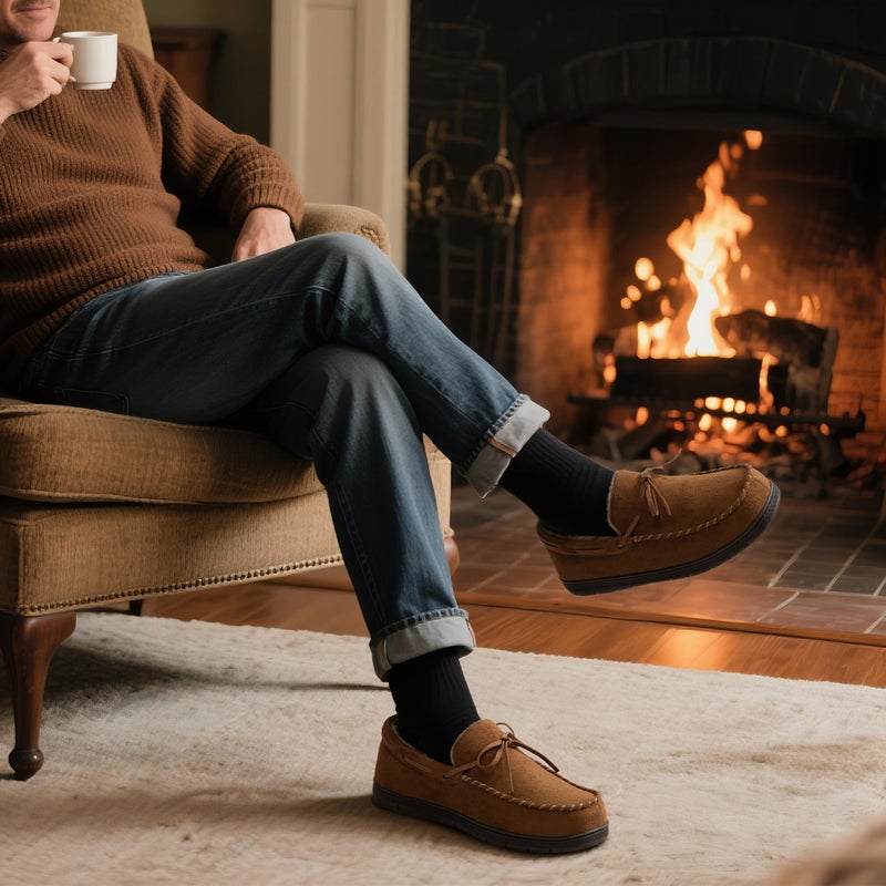 ULTRAIDEAS Men's Luke Moccasin Slippers Memory Foam Cozy House Slippers, Warm Comfy Slippers for Men, Indoor Outdoor Loafer Anti-Slip Home Shoes (Tan, Size 11) - Image 3