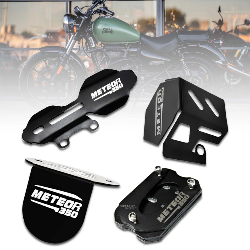 OBEROI'S TRADERS Meteor 350 Master Cylinder Guard, Front Oil Reservoir Cap, Side Stand Extender And Rear Brake Oil Container Guard Combo Accessories (Pack Of 4, Black) - Image 3
