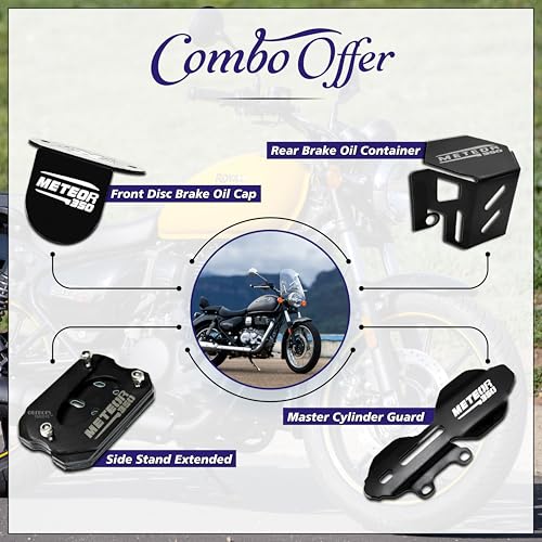 OBEROI'S TRADERS Meteor 350 Master Cylinder Guard, Front Oil Reservoir Cap, Side Stand Extender And Rear Brake Oil Container Guard Combo Accessories (Pack Of 4, Black) - Image 2