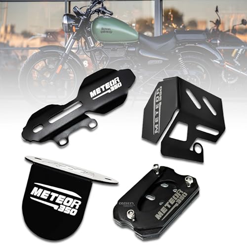OBEROI'S TRADERS Meteor 350 Master Cylinder Guard, Front Oil Reservoir Cap, Side Stand Extender And Rear Brake Oil Container Guard Combo Accessories (Pack Of 4, Black) - Image 1