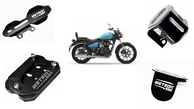 OBEROI'S TRADERS Meteor 350 Master Cylinder Guard, Front Oil Reservoir Cap, Side Stand Extender And Rear Brake Oil Container Guard Combo Accessories (Pack Of 4, Black) - Image 4