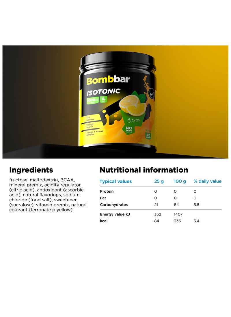 BOMBBAR Isotonic Powder Drink Citrus with BCAA, Vitamins and Minerals – No Sugar Added, 500g  - Image 2