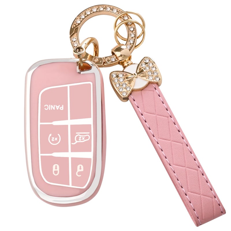 JAMCARI for Dodge Challenger Key Fob Cover - 3 4 5 Buttons Soft TPU Key Fob Case for Durango Charger Jeep Grand Cherokee Renegade Compass Comander Full Protection Car Key Cover with Bling Keychain ï¼ˆPinkï¼‰ - Image 1