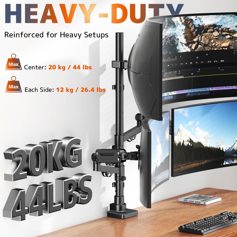 PUTORSEN Triple Monitor Mount up to 49 inches, Fully Adjustable Heavy Duty 3 Monitor Arm with Gas Spring, Desk Mount for 3 Screens, C-Clamp & Grommet Base, Holds 44 lbs, Black - Image 3