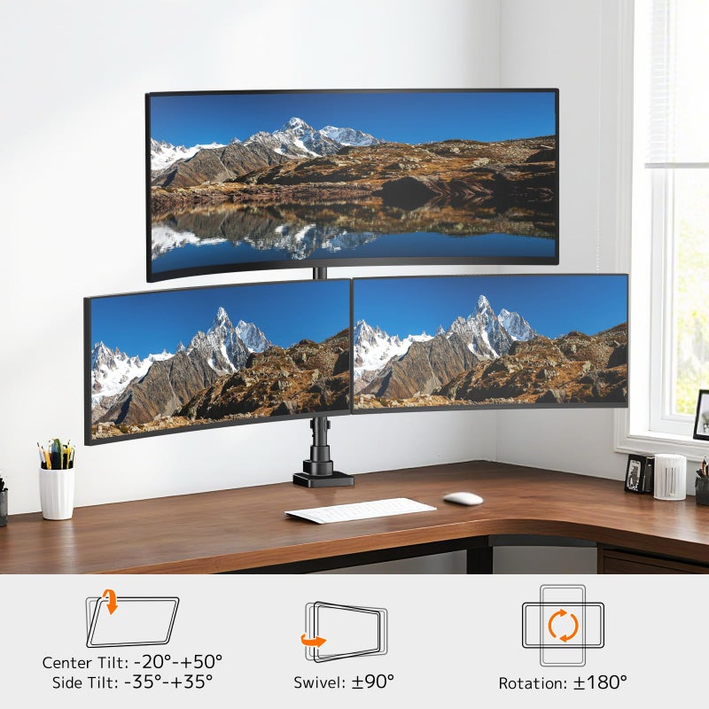 PUTORSEN Triple Monitor Mount up to 49 inches, Fully Adjustable Heavy Duty 3 Monitor Arm with Gas Spring, Desk Mount for 3 Screens, C-Clamp & Grommet Base, Holds 44 lbs, Black - Image 4