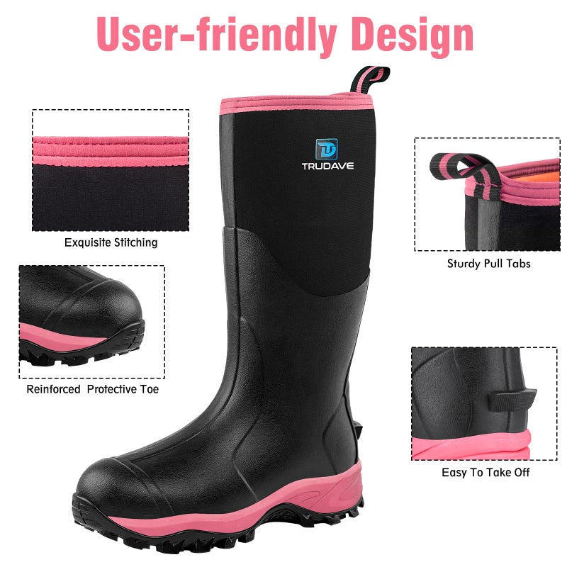 Trudave Rubber Boots for Women with Steel Shank, Waterproof Insulated Mud Rain Boots, 6mm Neoprene Anti-slip Outdoor Work Boots, Pink, Size 7 - Image 4