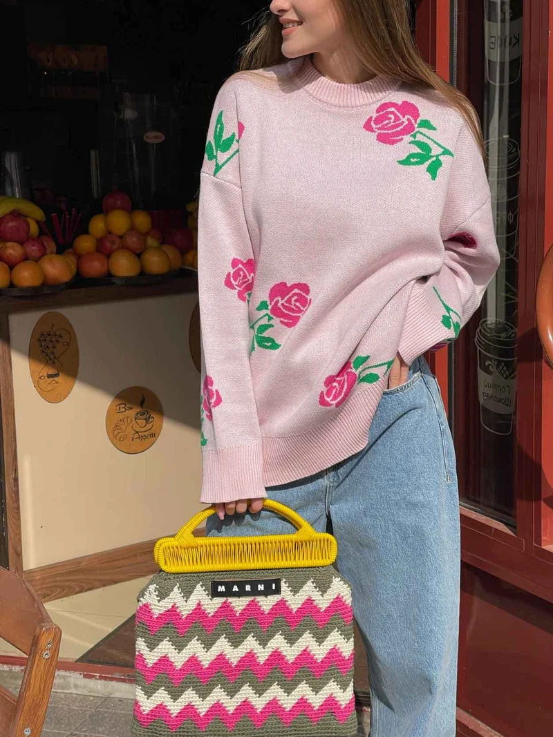 Outzidr  Pink Bold Floral Printed Sweater  | Best Price UAE