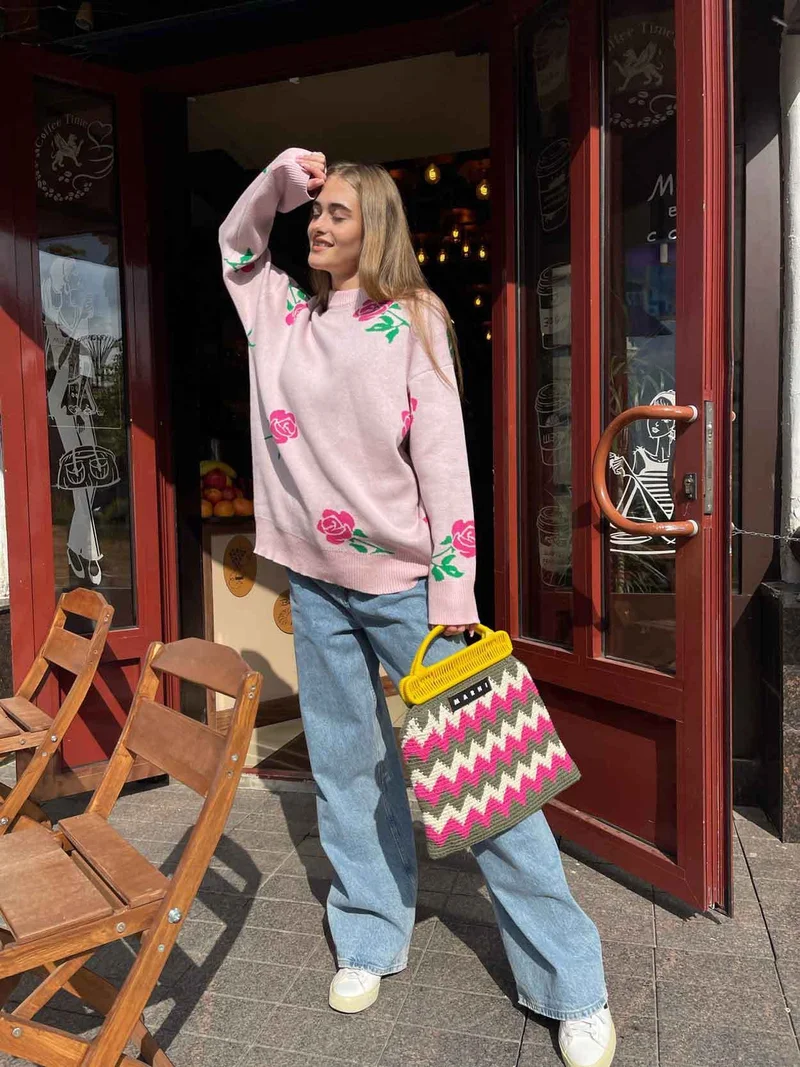 Outzidr  Pink Bold Floral Printed Sweater  | Best Price UAE