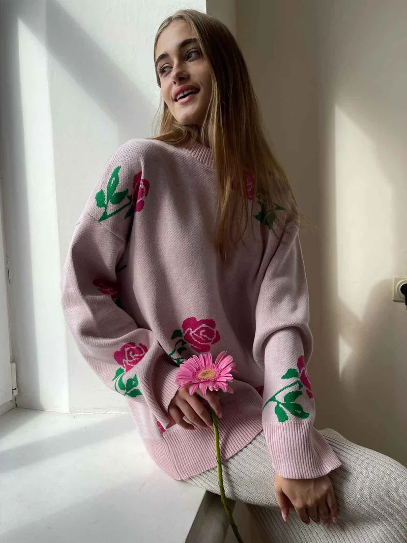 Outzidr  Pink Bold Floral Printed Sweater  | Best Price UAE