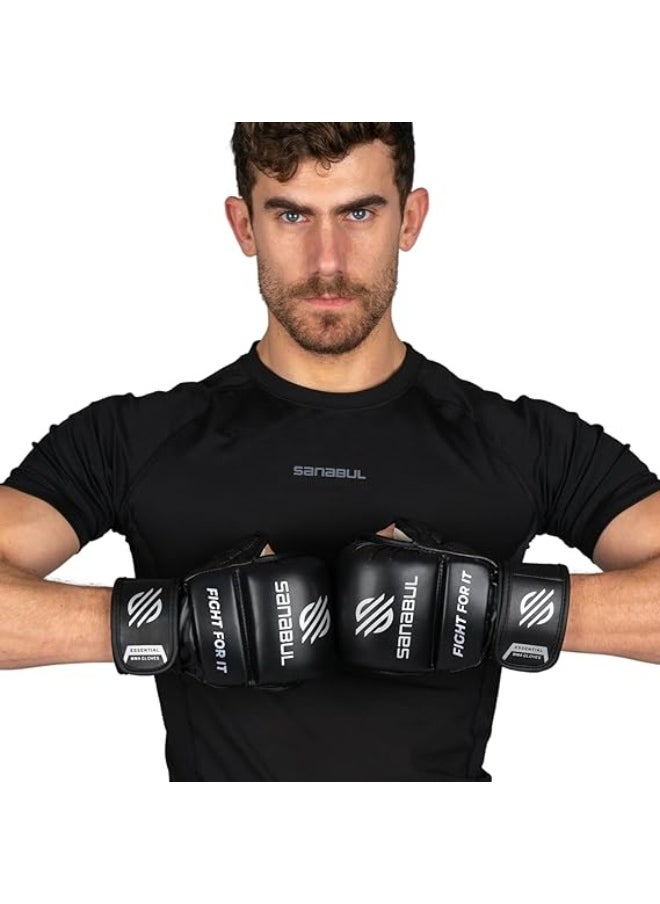 سنابول - قفازات MMA أساسية – 7 أوقية باللونين الأسود/الفضي (مقاس كبير/كبير جدًا) | قفازات هجينة للتدريب والمصارعة للرجال والنساء | مثالية للفنون القتالية، الكيك بوكسينغ والمصارعة - Image 1