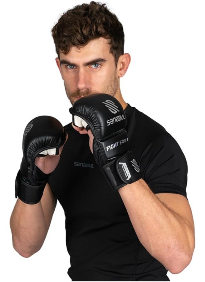 سنابول - قفازات MMA أساسية – 7 أوقية باللونين الأسود/الفضي (مقاس كبير/كبير جدًا) | قفازات هجينة للتدريب والمصارعة للرجال والنساء | مثالية للفنون القتالية، الكيك بوكسينغ والمصارعة - Image 1
