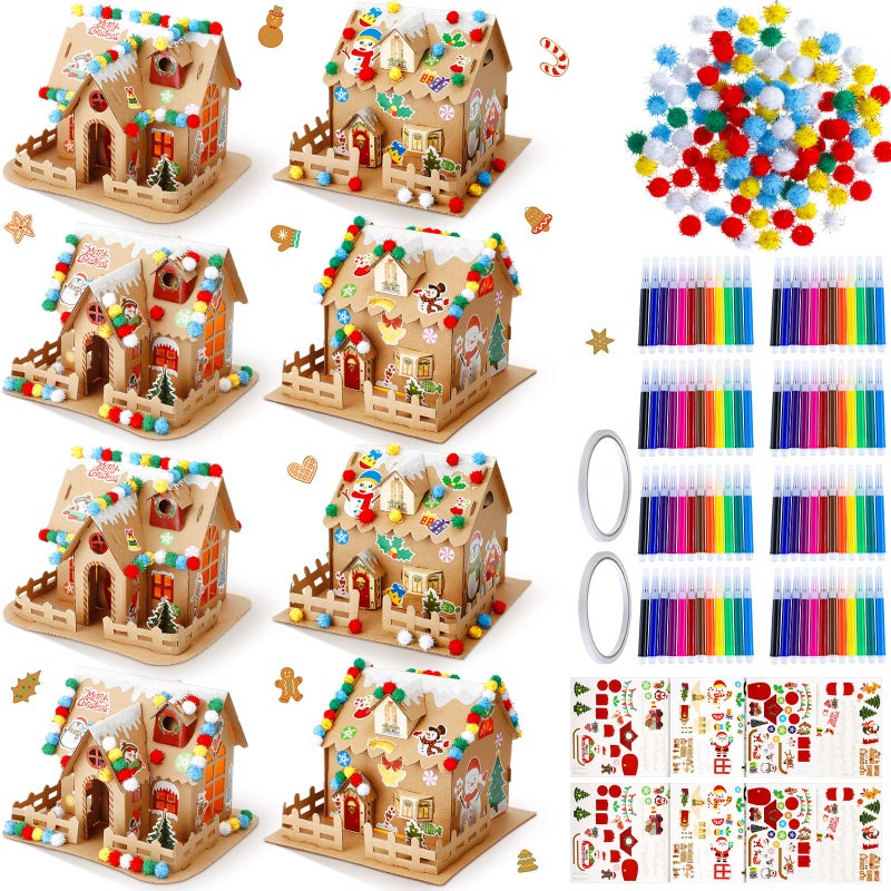 Poen 8 Set Christmas Gingerbread House Kit Bulk Prebuilt Mini Gingerbread House Kit Fun DIY Cardboard Christmas Craft Supplies for Holiday Party DecorationStylish Style - Image 2