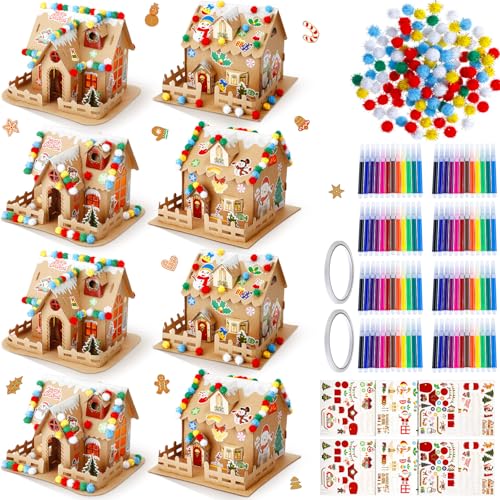 Poen 8 Set Christmas Gingerbread House Kit Bulk Prebuilt Mini Gingerbread House Kit Fun DIY Cardboard Christmas Craft Supplies for Holiday Party DecorationStylish Style - Image 1