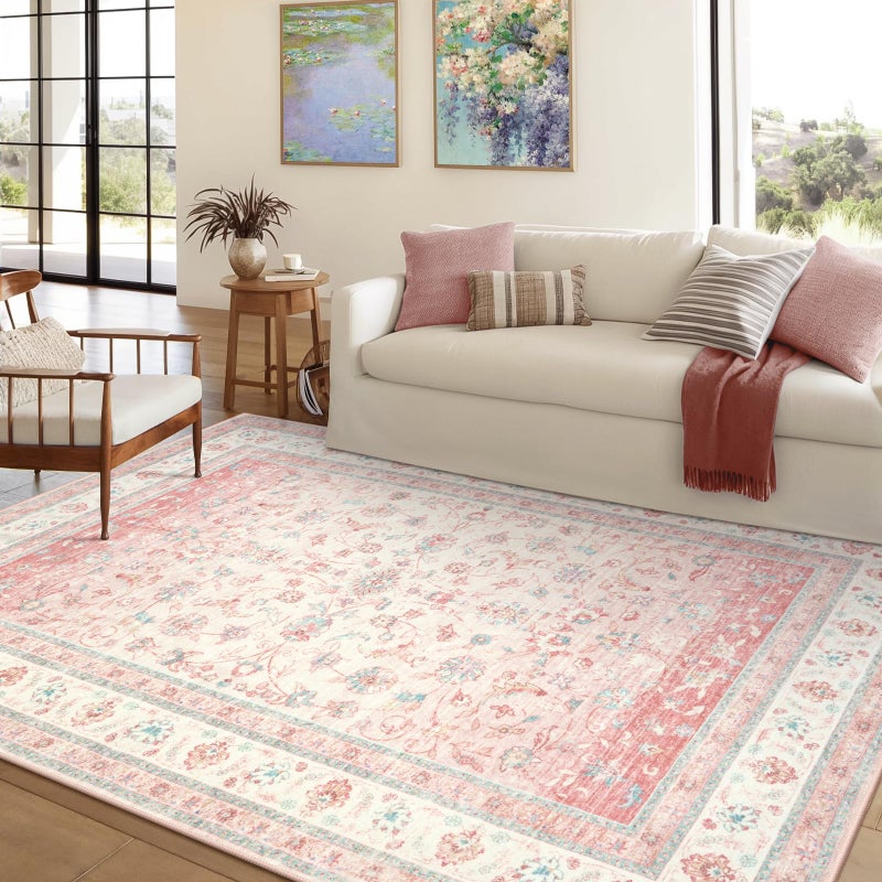 لايف بوكس سجادة لايف بوكس وردية اللون، مقاس 5x7، قابلة للغسل، مناسبة لغرفة المعيشة، سجاد وردي لغرف نوم البنات، سجاد مانع للانزلاق بنقوش زهور عتيقة، سجاد قصير الوبر مقاوم للبقع، مناسب لغرفة الطعام وغرفة الأطفال وديكور المنزل. - Image 1