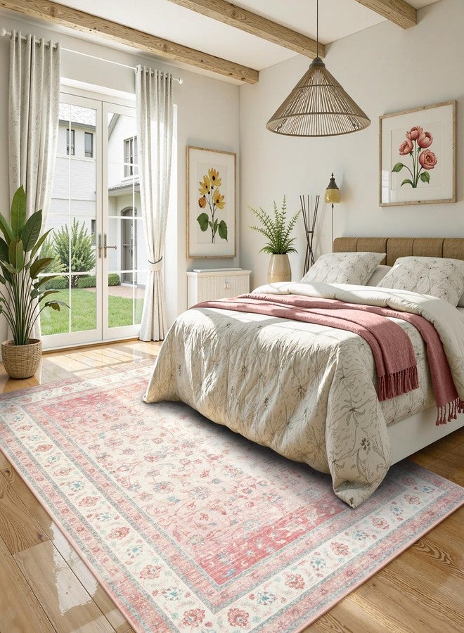 لايف بوكس سجادة لايف بوكس وردية اللون، مقاس 5x7، قابلة للغسل، مناسبة لغرفة المعيشة، سجاد وردي لغرف نوم البنات، سجاد مانع للانزلاق بنقوش زهور عتيقة، سجاد قصير الوبر مقاوم للبقع، مناسب لغرفة الطعام وغرفة الأطفال وديكور المنزل. - Image 2