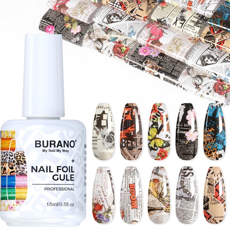 BURANO Nail Art Nail Foil Glue Gel, 15 ML 1 Bottle Foil Transfer Gel with 10PCS Stickers, UV LED Lamp Required Nail Design Foils Glue for Nails 31 - Image 1
