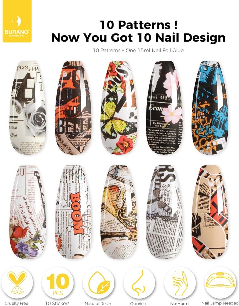 BURANO Nail Art Nail Foil Glue Gel, 15 ML 1 Bottle Foil Transfer Gel with 10PCS Stickers, UV LED Lamp Required Nail Design Foils Glue for Nails 31 - Image 2