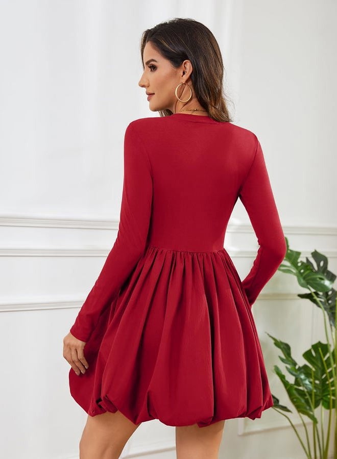Meetjen Women's Long Sleeve Bubble Dress Short Fall Crew Neck High Waist Mini Cocktail Party Dresses with Pockets, Red, XS - Image 2
