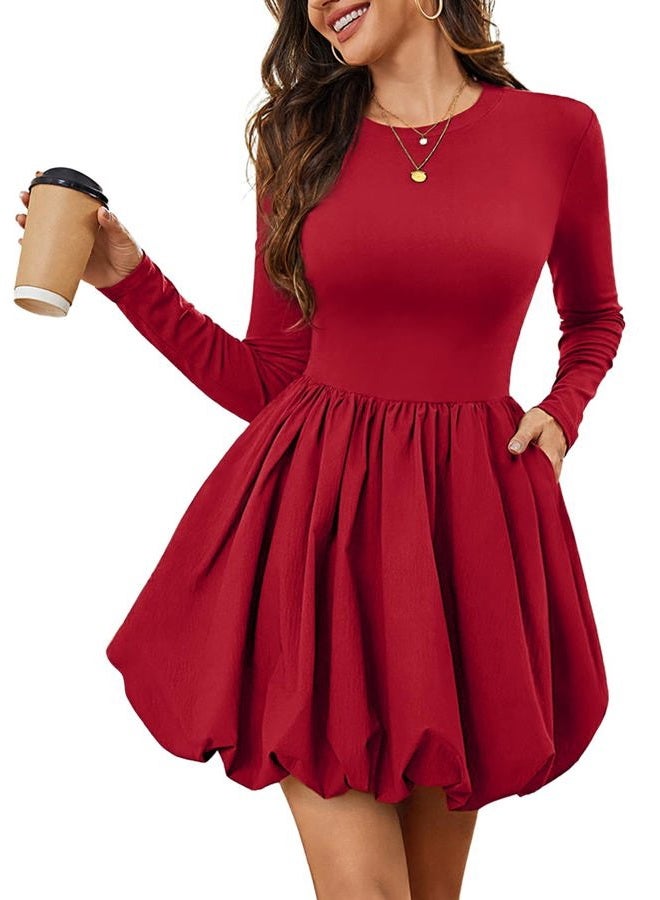 Meetjen Women's Long Sleeve Bubble Dress Short Fall Crew Neck High Waist Mini Cocktail Party Dresses with Pockets, Red, XS - Image 1