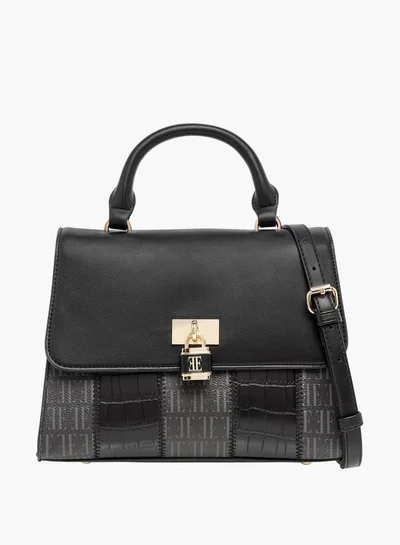ELLE Women Monogram Print Satchel Bag with Adjustable Strap and Button Closure