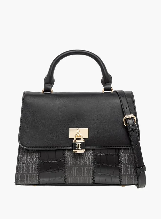 ELLE Women Monogram Print Satchel Bag with Adjustable Strap and Button Closure
