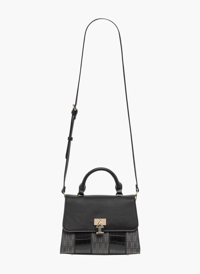 ELLE Women Monogram Print Satchel Bag with Adjustable Strap and Button Closure