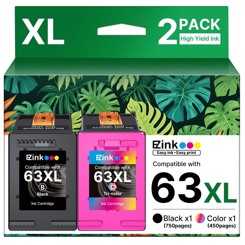 E-Z Ink 63XL Ink Cartridges Black and Color Remanufactured Replacement for HP Ink 63 for HP 63XL Ink Cartridges Combo Pack Work for Officejet 4650 3830 3833 5255 5258 Envy 4520 Deskjet 1112 3637 (2 Pack) - Image 1